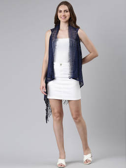 SHOWOFFFF - Womens Self Design Sleeveless Longline Open Front Navy Blue Shrug