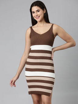 SHOWOFF - Womens V-neck Colourblocked Bodycon Coffee Brown Above Knee Dress