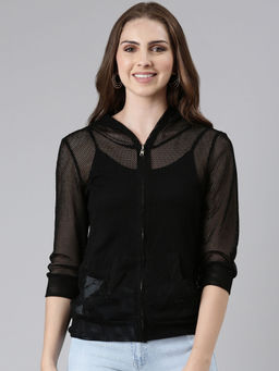 SHOWOFFFF - Womens Regular Solid Hooded Black Open Front Jacket