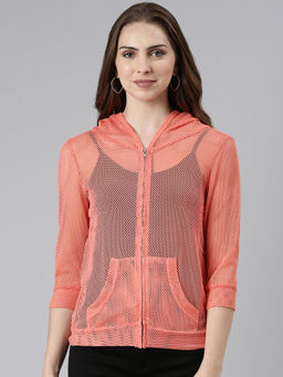 SHOWOFFFF - Womens Regular Solid Hooded Coral Open Front Jacket