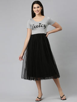 SHOWOFF - Womens Round Neck Typography Fit And Flare Black Midi Dress