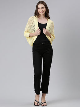 SHOWOFFFF - Womens Self Design Three-quarter Sleeves Regular Lapel Yellow Shrug