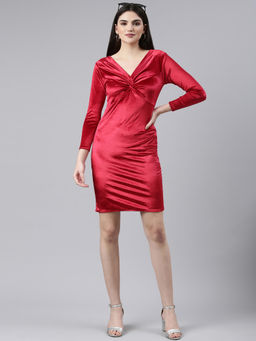 SHOWOFF - Womens V-neck Solid Sheath Red Above Knee Dress