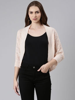 SHOWOFFFF - Womens Self Design Three-quarter Sleeves Regular Lapel Peach Shrug
