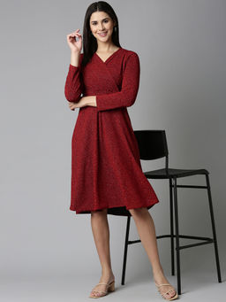 SHOWOFF - Womens V-neck Self Design Wrap Maroon Knee Length Dress (Set of 2)