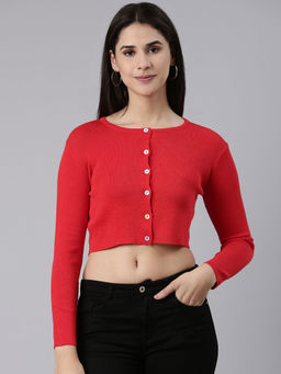 SHOWOFFFF - Womens Round Neck Solid Red Front-open Sweater