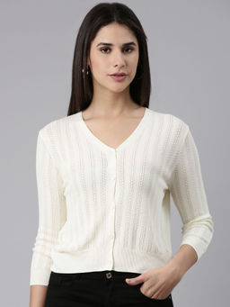 SHOWOFFFF - Womens V-neck Solid Cream Front-open Sweater