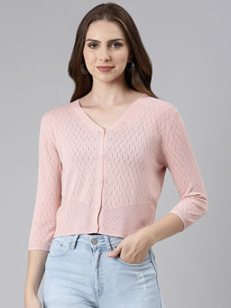 SHOWOFFFF - Womens V-neck Solid Pink Regular Cardigan Sweater