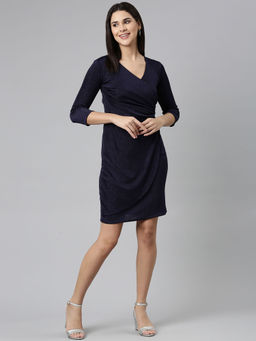 SHOWOFF - Womens V-neck Embellished Wrap Navy Blue Above Knee Dress