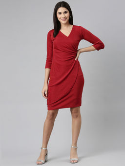 SHOWOFF - Womens V-neck Embellished Wrap Red Above Knee Dress
