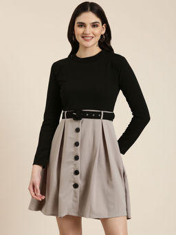 SHOWOFF - Womens High Neck Colourblocked A-line Grey Above Knee Dress (Set of 2)