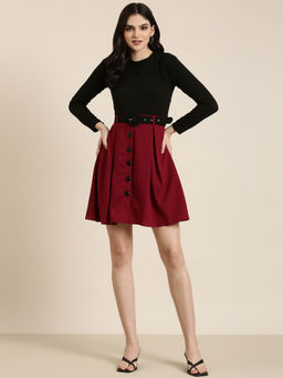 SHOWOFF - Womens High Neck Colourblocked A-line Maroon Above Knee Dress (Set of 2)