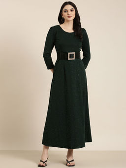 SHOWOFF - Womens Round Neck Embellished Gown Green Maxi Dress (Set of 2)