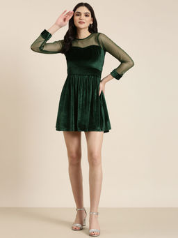 SHOWOFF - Womens Round Neck Solid Fit And Flare Green Mini Dress