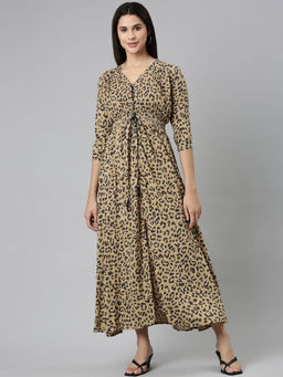 SHOWOFF - Womens V-neck Animal Fit And Flare Khaki Maxi Dress