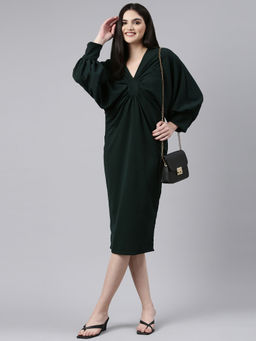 SHOWOFF - Womens V-neck Solid A-line Green Midi Dress