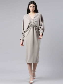 SHOWOFF - Womens V-neck Solid A-line Grey Midi Dress