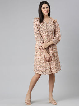 SHOWOFF - Womens V-neck Geometric Fit And Flare Beige Knee Length Dress