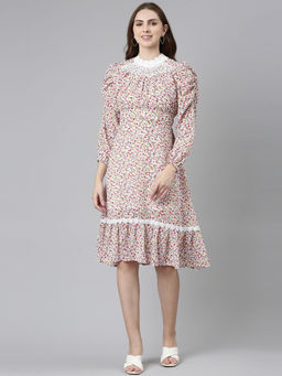 SHOWOFF - Womens High Neck Floral Fit And Flare White Knee Length Dress