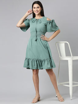 SHOWOFF - Womens Keyhole Neck Solid Fit And Flare Sea Green Knee Length Dress
