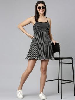 SHOWOFF - Womens Shoulder Straps Striped A-line Black Mini Dress