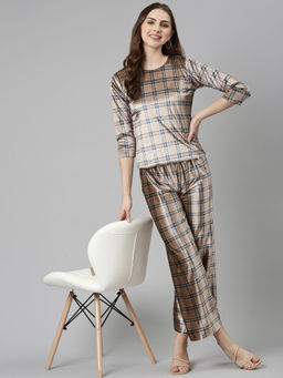 SHOWOFF - Womens Round Neck Three-quarter Sleeves Brown Checked Co-ords (Set of 2)