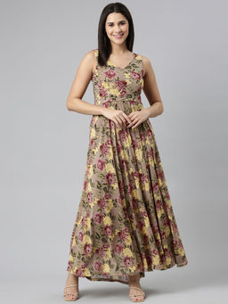 SHOWOFF - Womens V-neck Floral Maxi Beige Maxi Dress