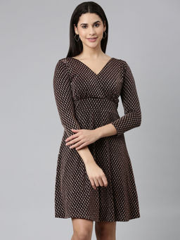 SHOWOFF - Womens V-neck Checked Fit And Flare Black Above Knee Dress