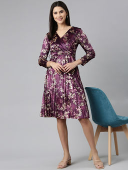 SHOWOFF - Womens V-neck Floral Wrap Purple Knee Length Dress (Set of 2)