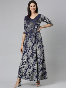 SHOWOFF - Womens V-neck Abstract Gown Navy Blue Maxi Dress