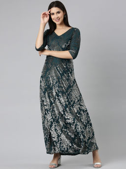 SHOWOFF - Womens V-neck Abstract Gown Teal Maxi Dress
