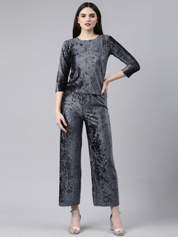 SHOWOFF - Womens Round Neck Three-quarter Sleeves Grey Solid Co-ords (Set of 2)