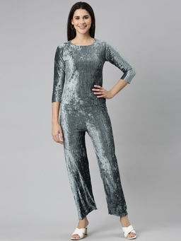 SHOWOFF - Womens Round Neck Three-quarter Sleeves Teal Solid Co-ords (Set of 2)