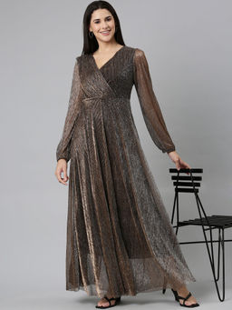 SHOWOFF - Womens V-neck Embellished Fit And Flare Metallic Maxi Dress