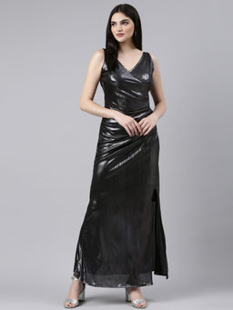 SHOWOFF - Womens V-neck Embellished Bodycon Black Maxi Dress