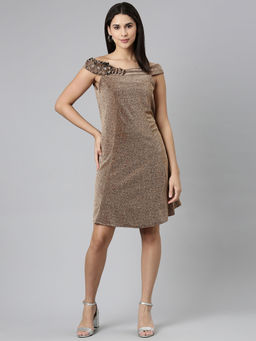 SHOWOFF - Womens Off-shoulder Self Design A-line Brown Mini Dress