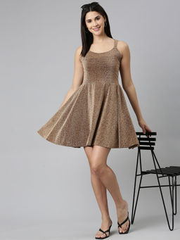 SHOWOFF - Womens Shoulder Straps Self Design A-line Bronze Mini Dress