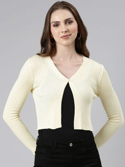 SHOWOFFFF - Womens V-neck Ribbed Yellow Front-open Sweater