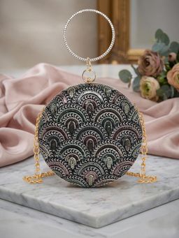 ESBEDA - Black Color Embroidered Round Party Clutch with Detachable Chain (Small)