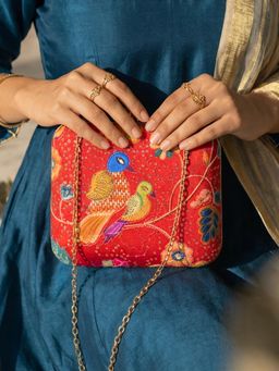 ARTKLIM - Women's Red Ethnic Bird Box Embroidered Clutch with Detachable Chain