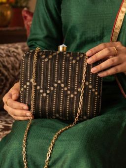 ARTKLIM - Women's Black Embellished Box Embroidered Clutch with Detachable Chain