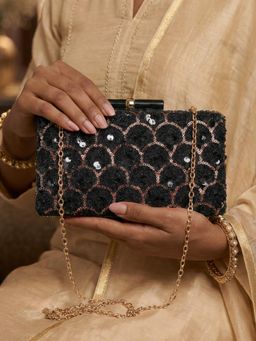 ARTKLIM - Black Designer Sequenced Clutch with Detachable Chain