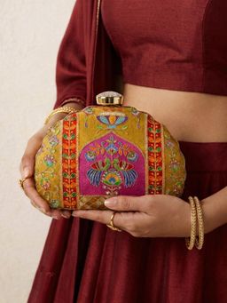 ARTKLIM - Elegant Mustard Ethnic Embroidered Clutch with Detachable Chain
