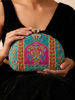 ARTKLIM - Elegant Blue Motif Embroidered Clutch with Detachable Chain