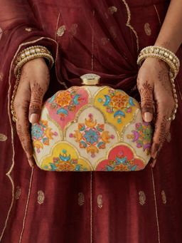 ARTKLIM - Designer Ethnic Floral Embroidered Clutch with Detachable Chain