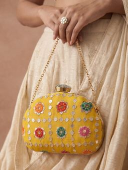ARTKLIM - Stylish Yellow Ethnic Embroidered Clutch with Detachable Chain