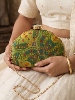 ARTKLIM - Elegant Dark Green Floral Ethnic Embroidered Clutch with Detachable Chain