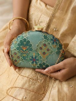 ARTKLIM - Elegant Green Floral Ethnic Embroidered Clutch with Detachable Chain
