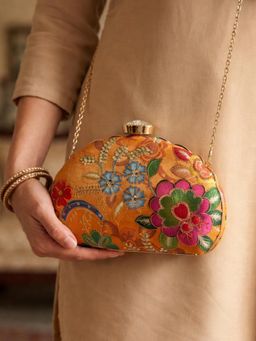 ARTKLIM - Elegant Orange Floral Ethnic Embroidered Clutch with Detachable Chain