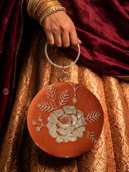ARTKLIM - Wine Velvet Floral Round Embroidered Clutch